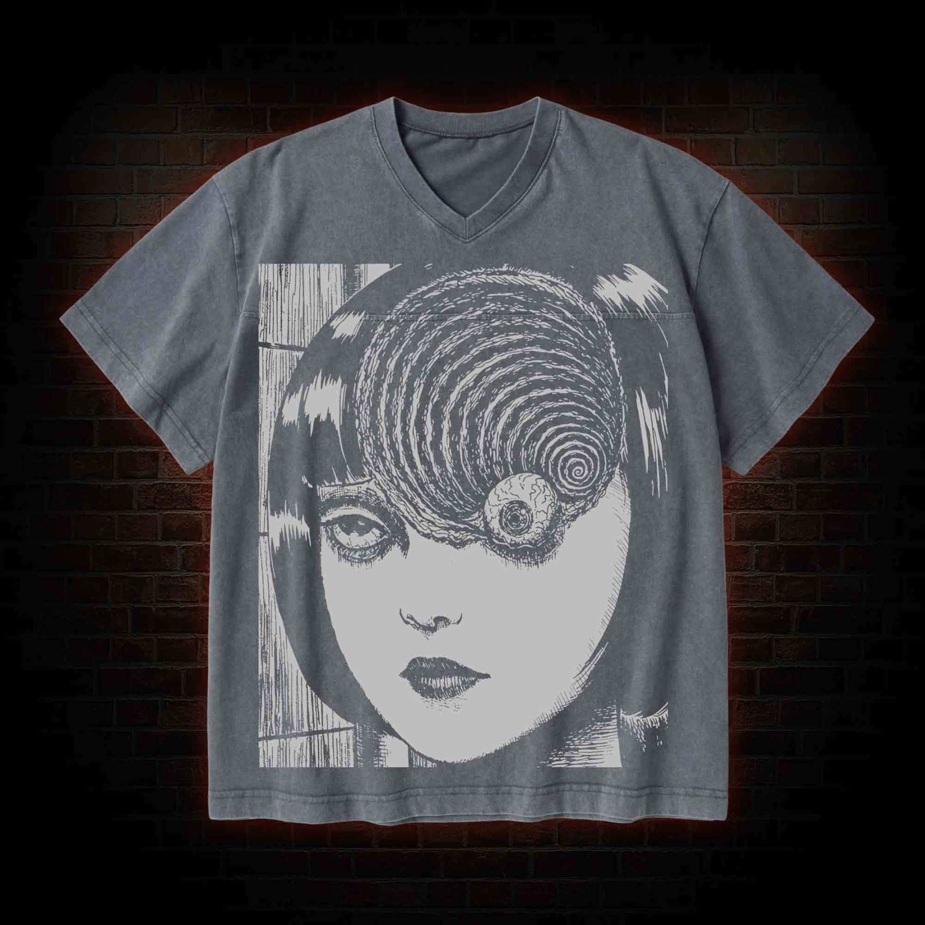 Horror Eyeball V-Neck Streetwear Washed T-shirt
