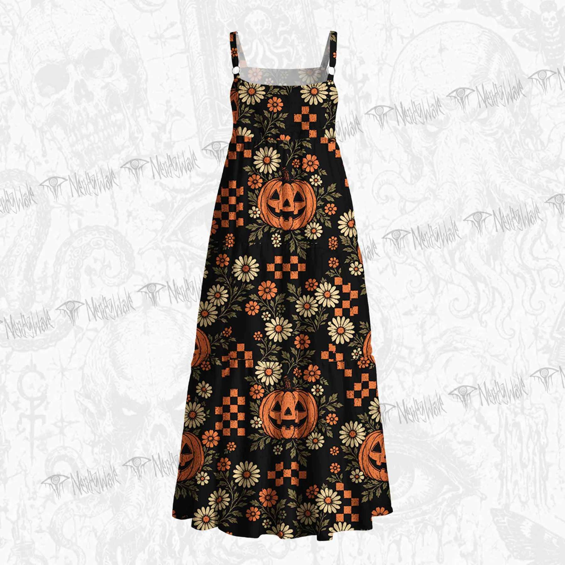 Retro Floral Pumpkin Wide Straps Maxi Dress