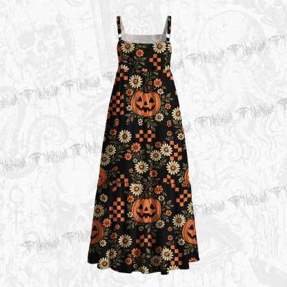 Retro Floral Pumpkin Wide Straps Maxi Dress