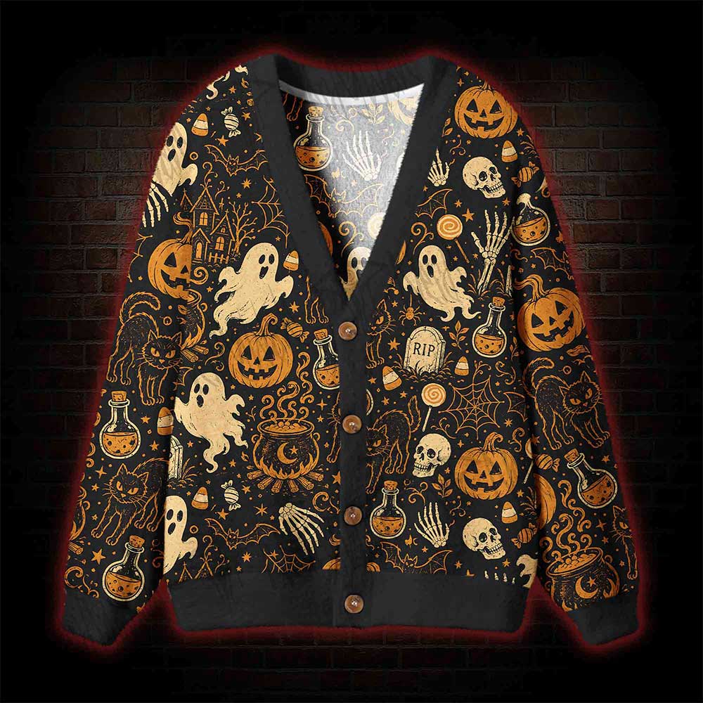 Spooky Ghost Black Cat Cardigan Sweater