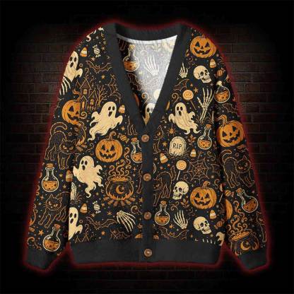 Spooky Ghost Black Cat Cardigan Sweater