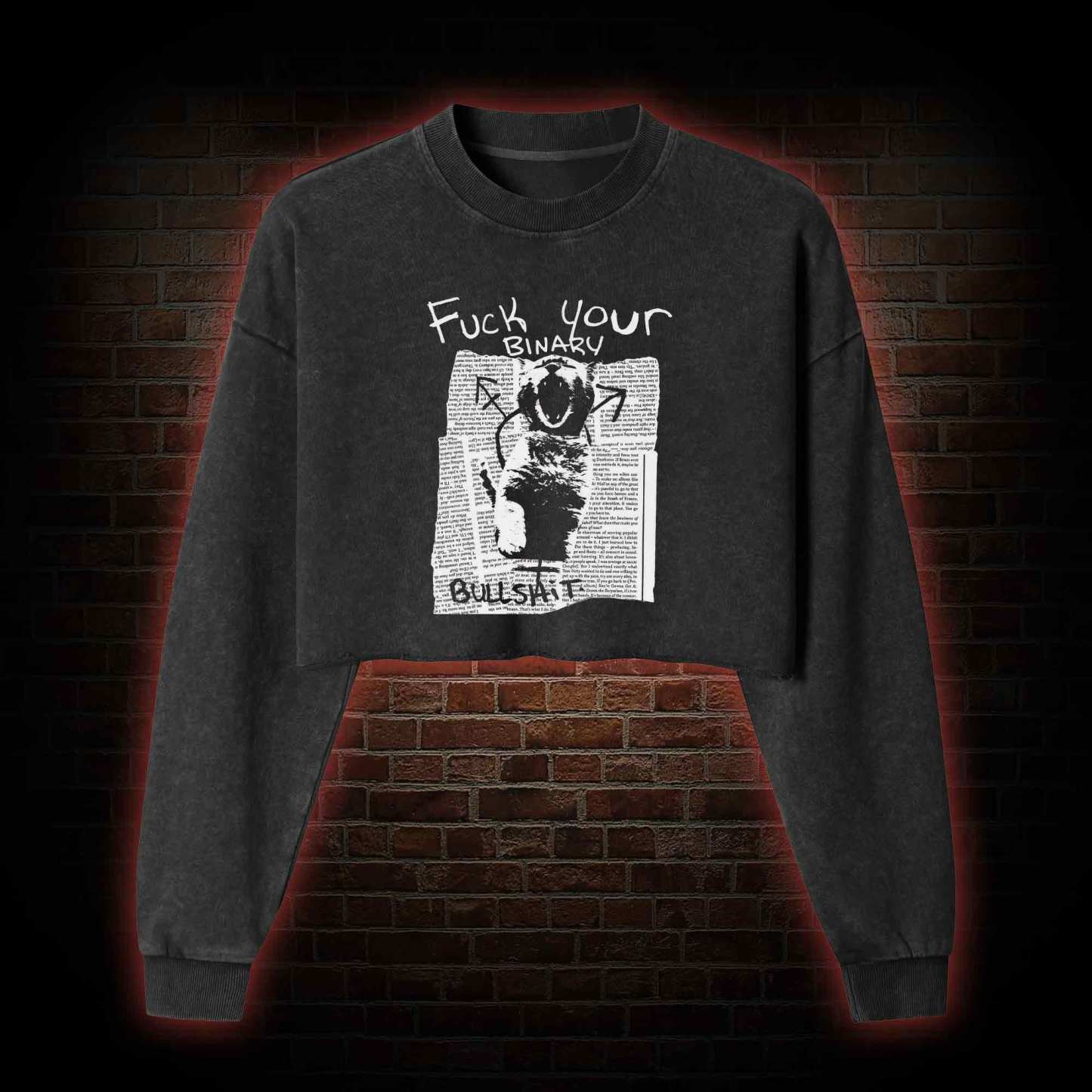 Fuck Your Binary Washed Cropped Sweatshirts