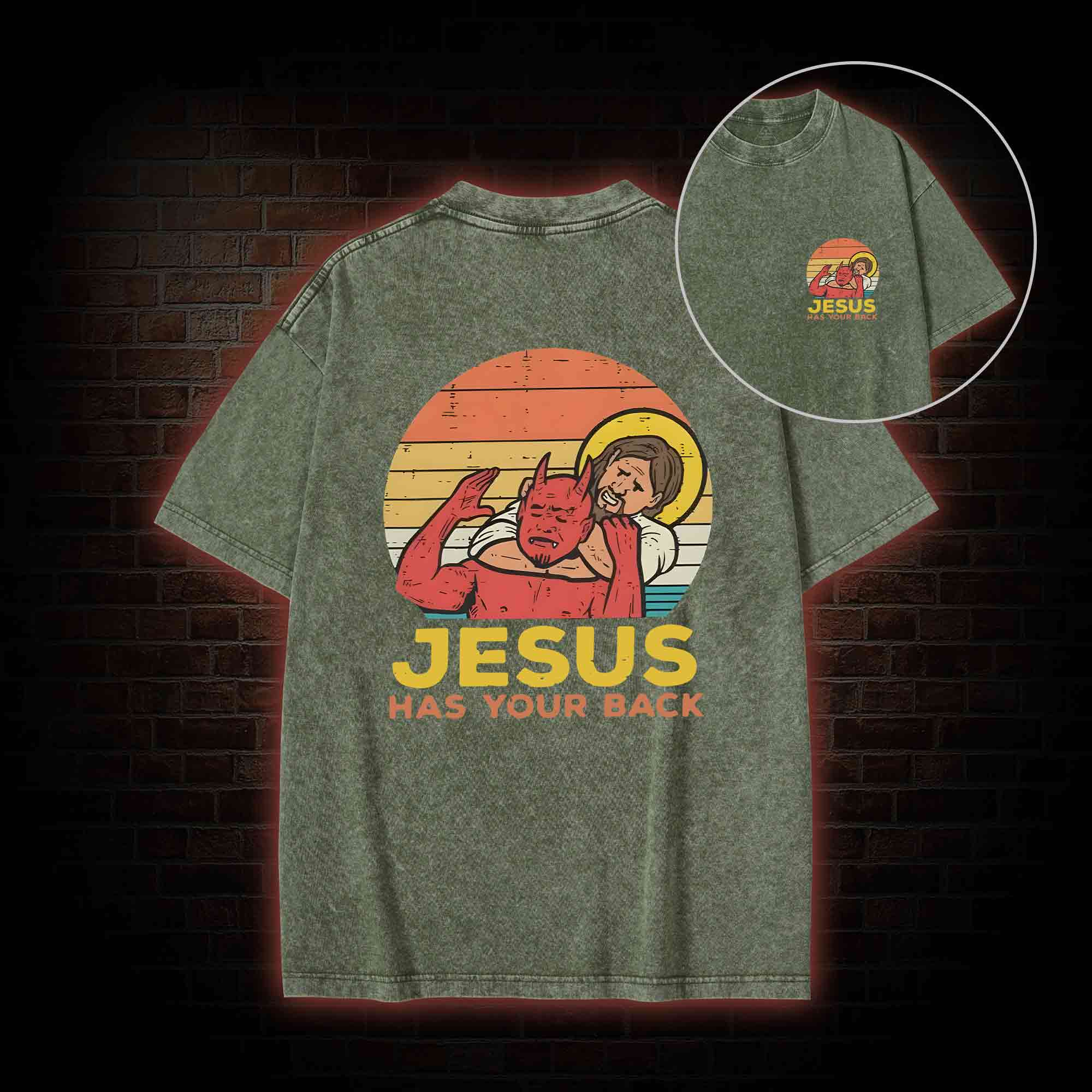 Jesus Has Your Back Back Print Washed T-shirt