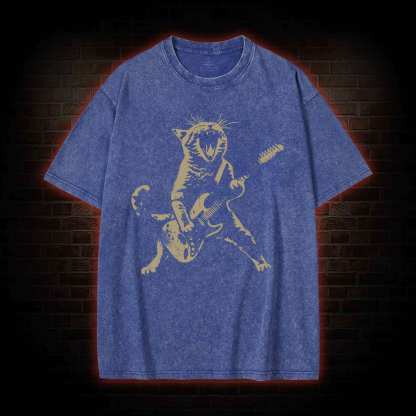 Rock Cat Playing Guitar Washed T-shirt