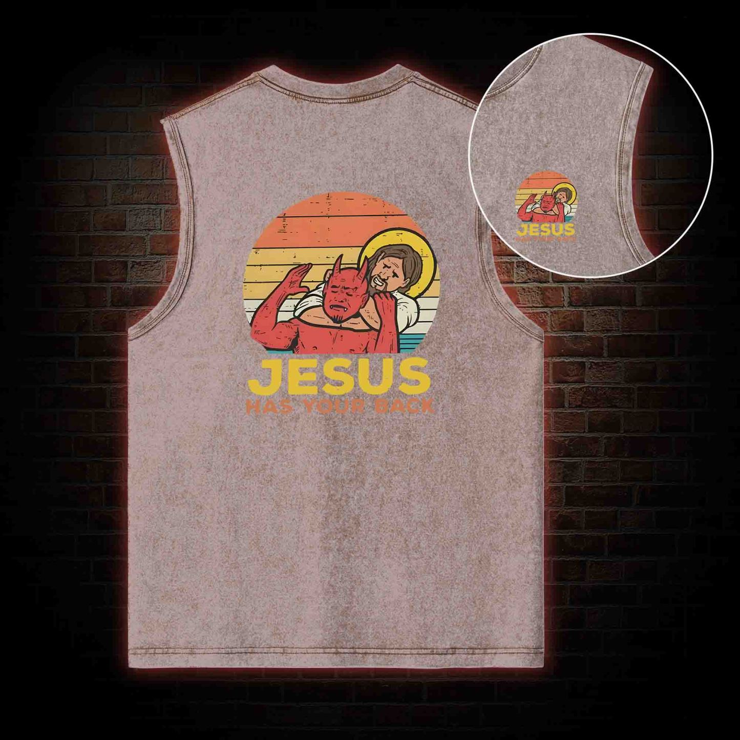 Jesus Has Your Back Back Print Washed Tank Top