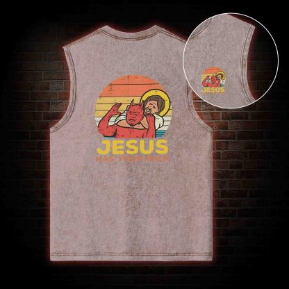 Jesus Has Your Back Back Print Washed Tank Top