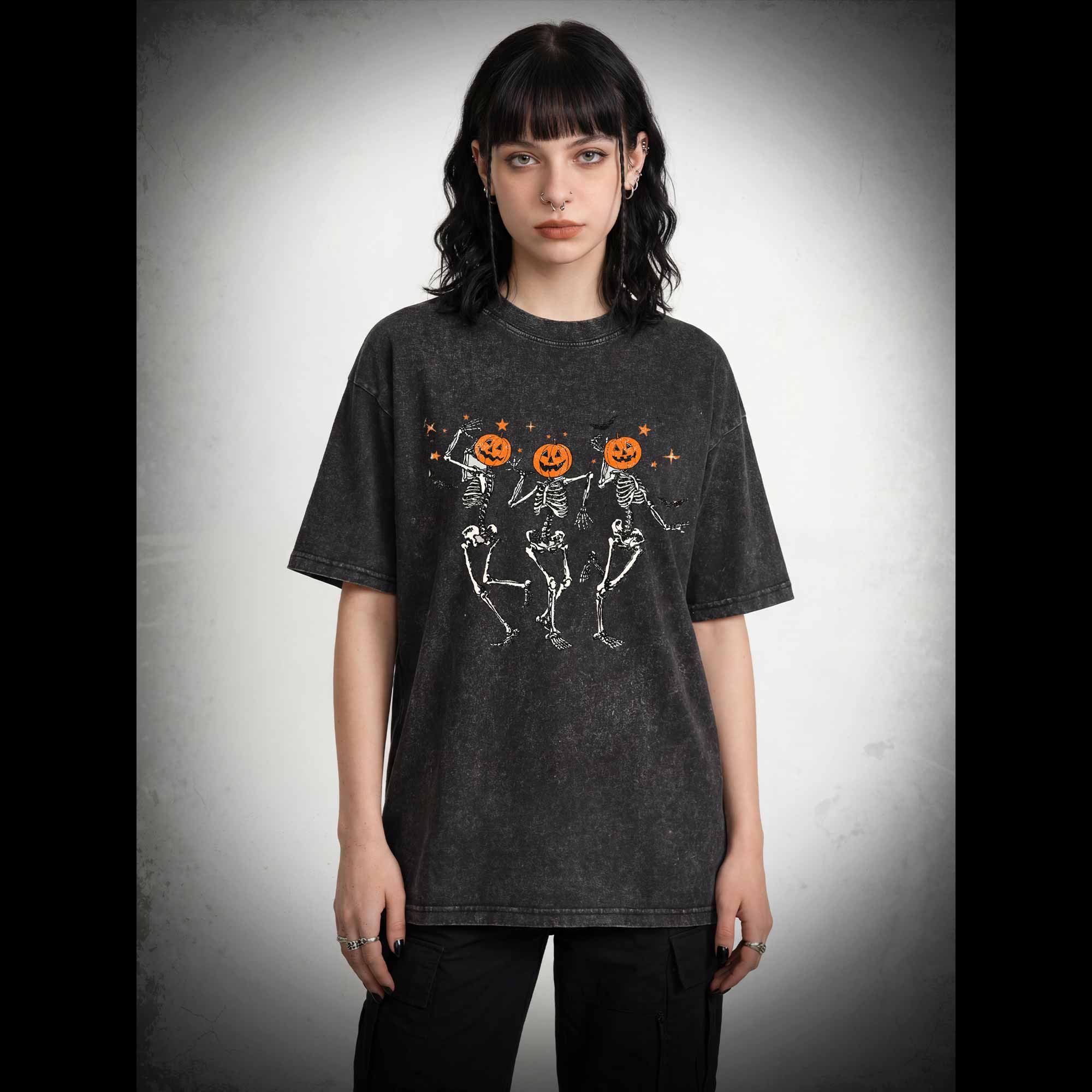  Retro Halloween Dancing Skeletons Washed T-shirt