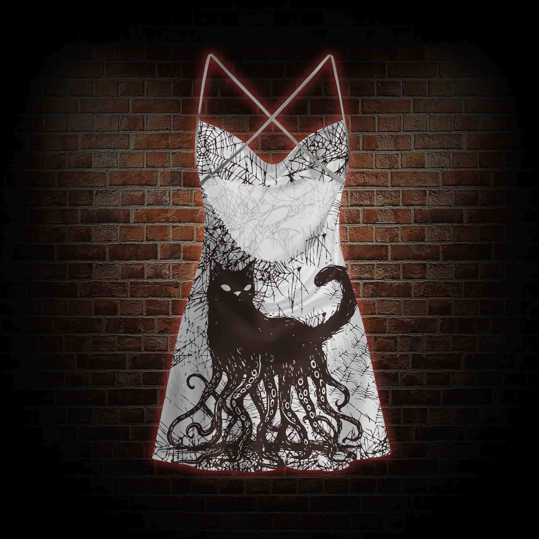 Octopus And Black Cat Cowl Neck Slip Dress