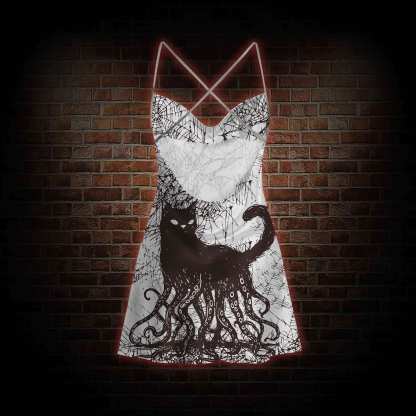 Octopus And Black Cat Cowl Neck Slip Dress