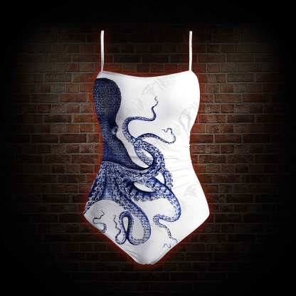 Blue Kraken Octopus Slim-Strap Swimsuit