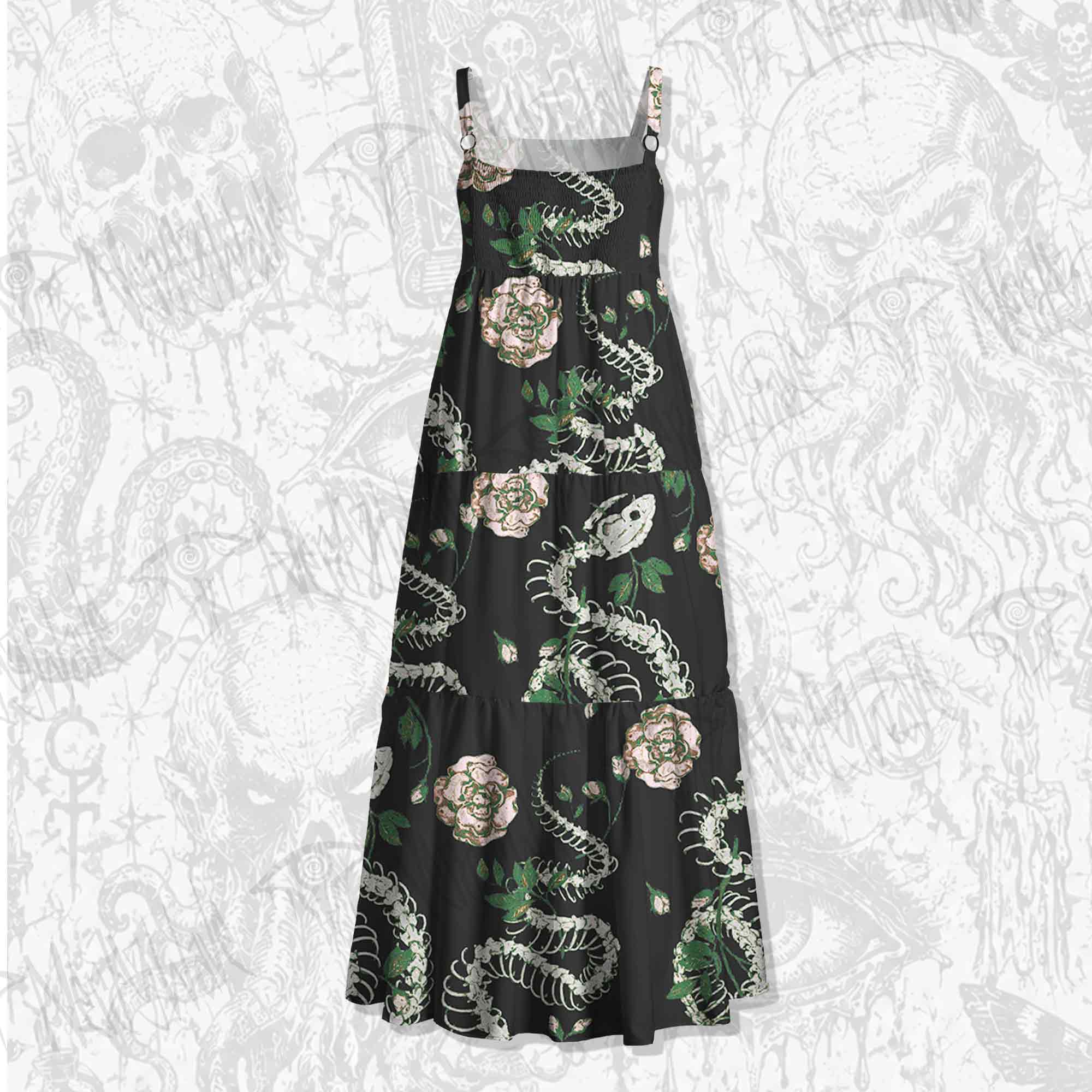 Flowers and Snake Skeleton Spaghetti Strap Long Dress