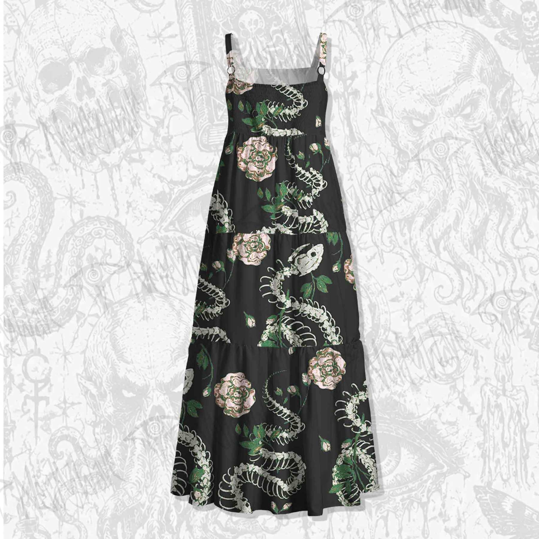 Flowers and Snake Skeleton Spaghetti Strap Long Dress