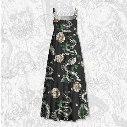Flowers and Snake Skeleton Spaghetti Strap Long Dress