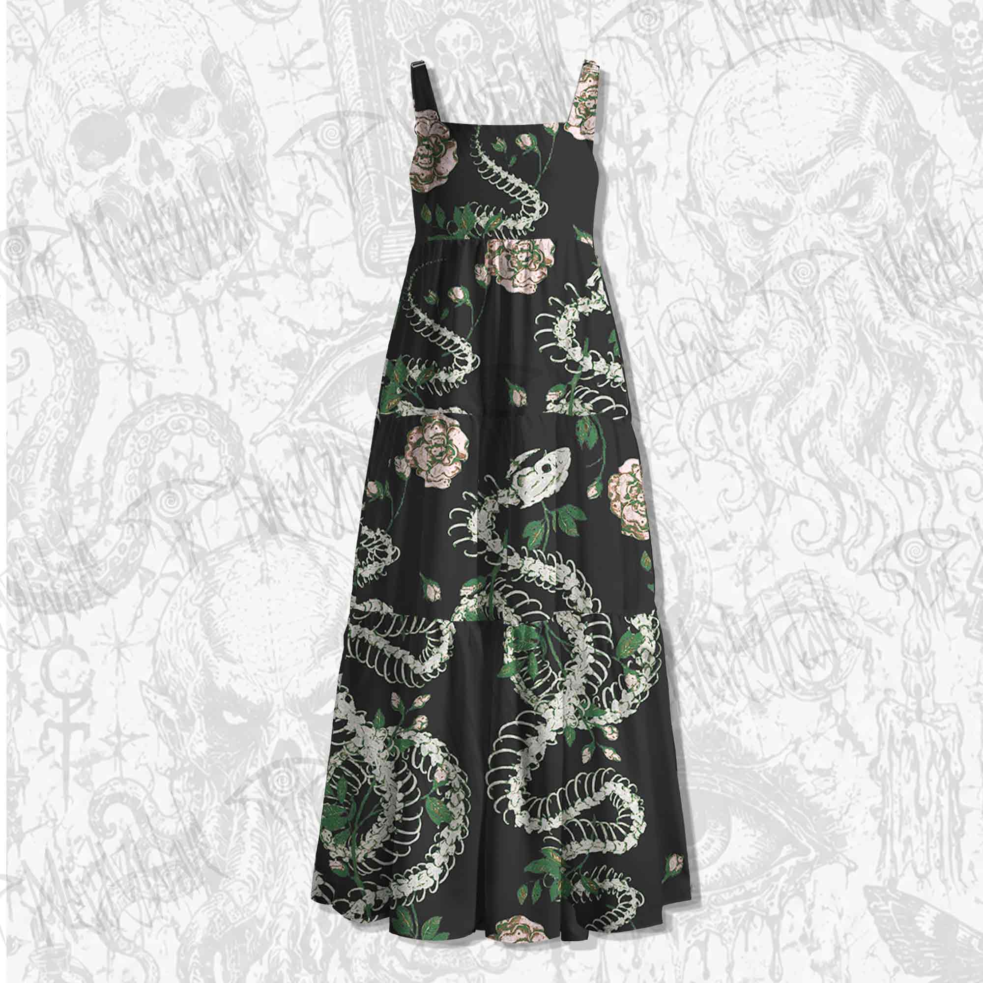 Flowers and Snake Skeleton Spaghetti Strap Long Dress