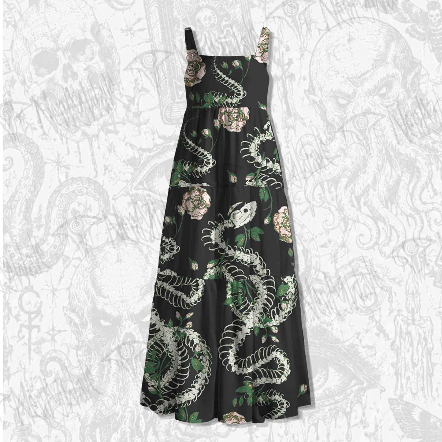 Flowers and Snake Skeleton Spaghetti Strap Long Dress