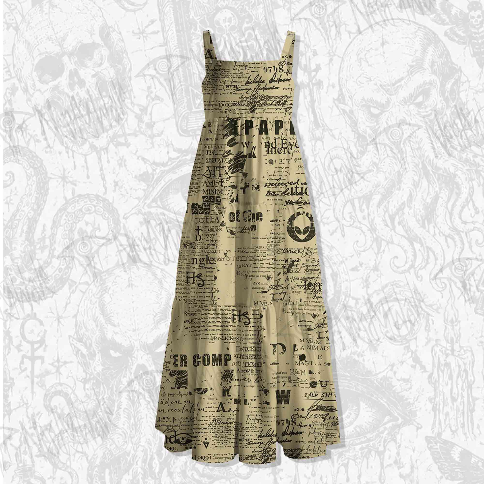 Alien Newspaper Spaghetti Strap Long Dress