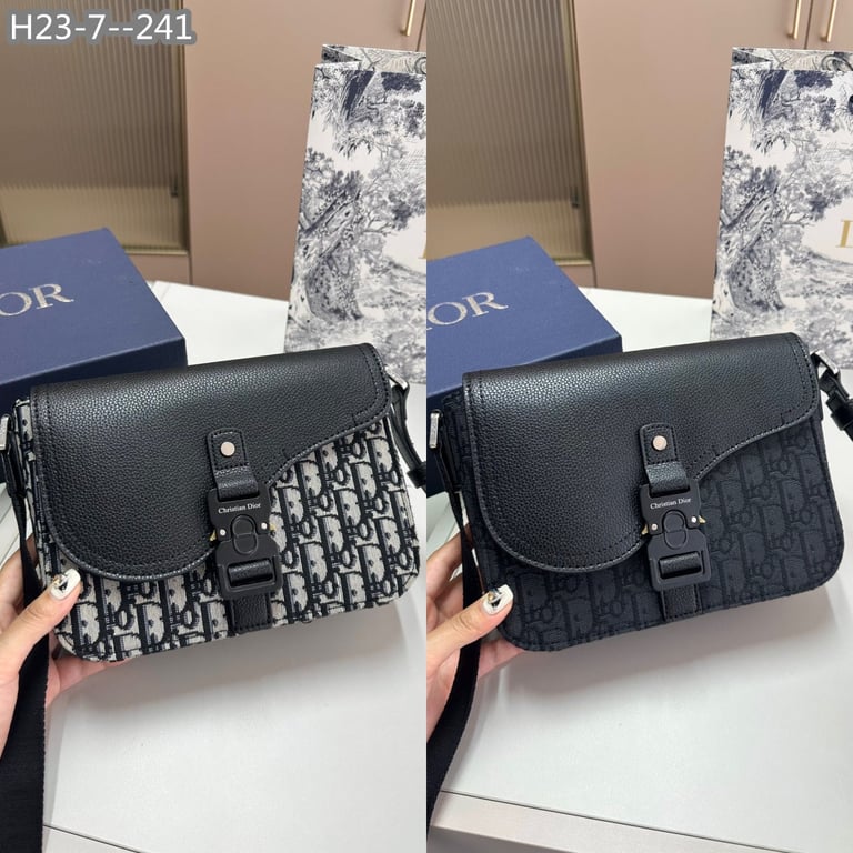 DIR MINI SADDLE BAG WITH STRAP BLACK CD OBLIQUE JACQUARD AND GRAINED CALFSKIN 23CM