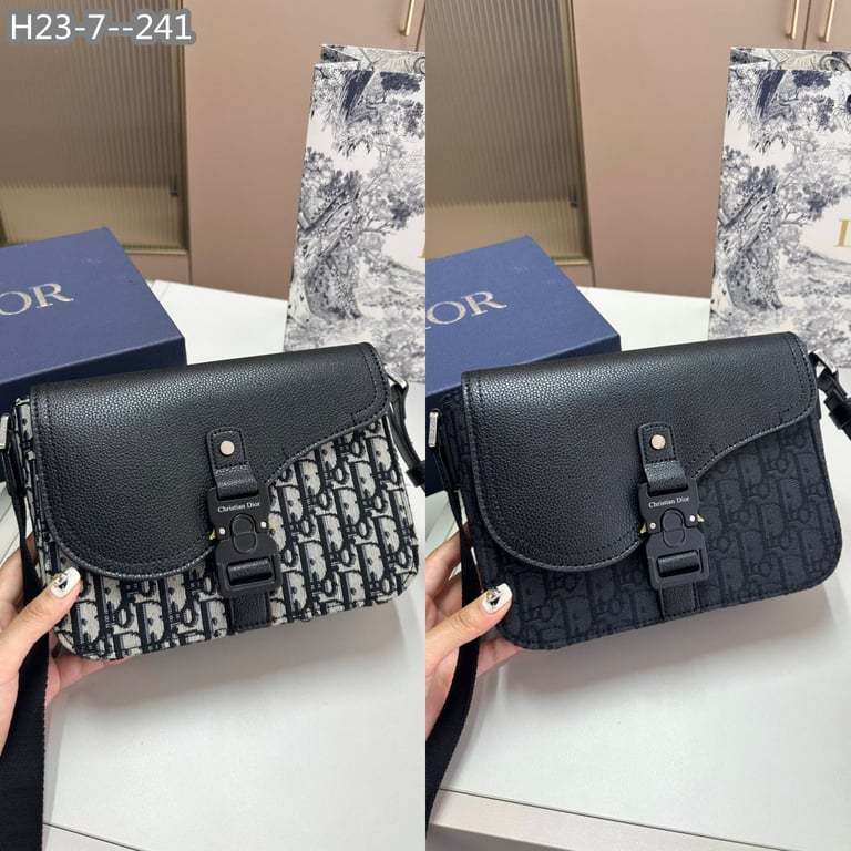 DIR MINI SADDLE BAG WITH STRAP BLACK CD OBLIQUE JACQUARD AND GRAINED CALFSKIN 23CM