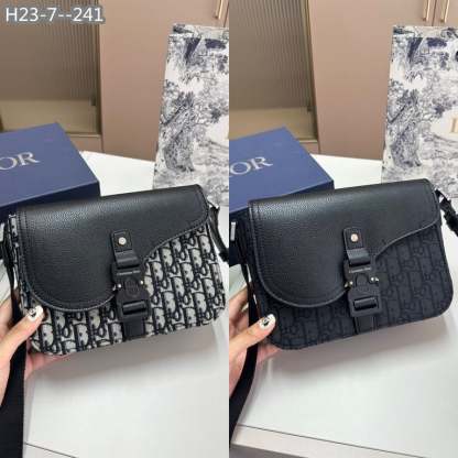 DIR MINI SADDLE BAG WITH STRAP BLACK CD OBLIQUE JACQUARD AND GRAINED CALFSKIN 23CM