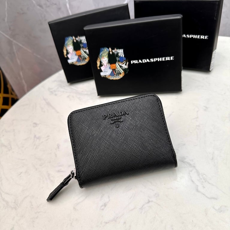 PR SAFFIANO LEATHER COIN PURSE FULL BLACK WALLET 10CM 1MM268 QWA F0016