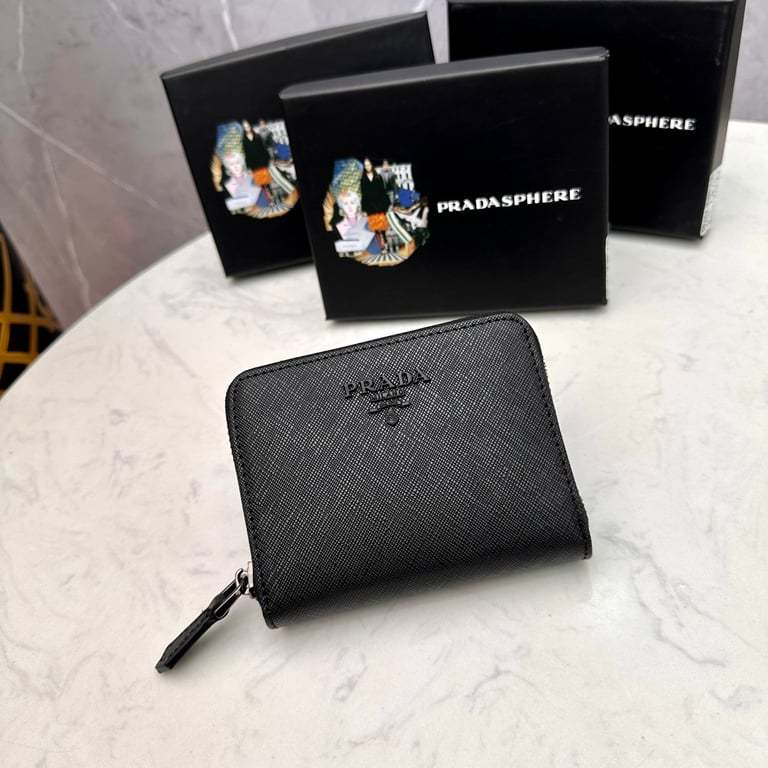 PR SAFFIANO LEATHER COIN PURSE FULL BLACK WALLET 10CM 1MM268 QWA F0016