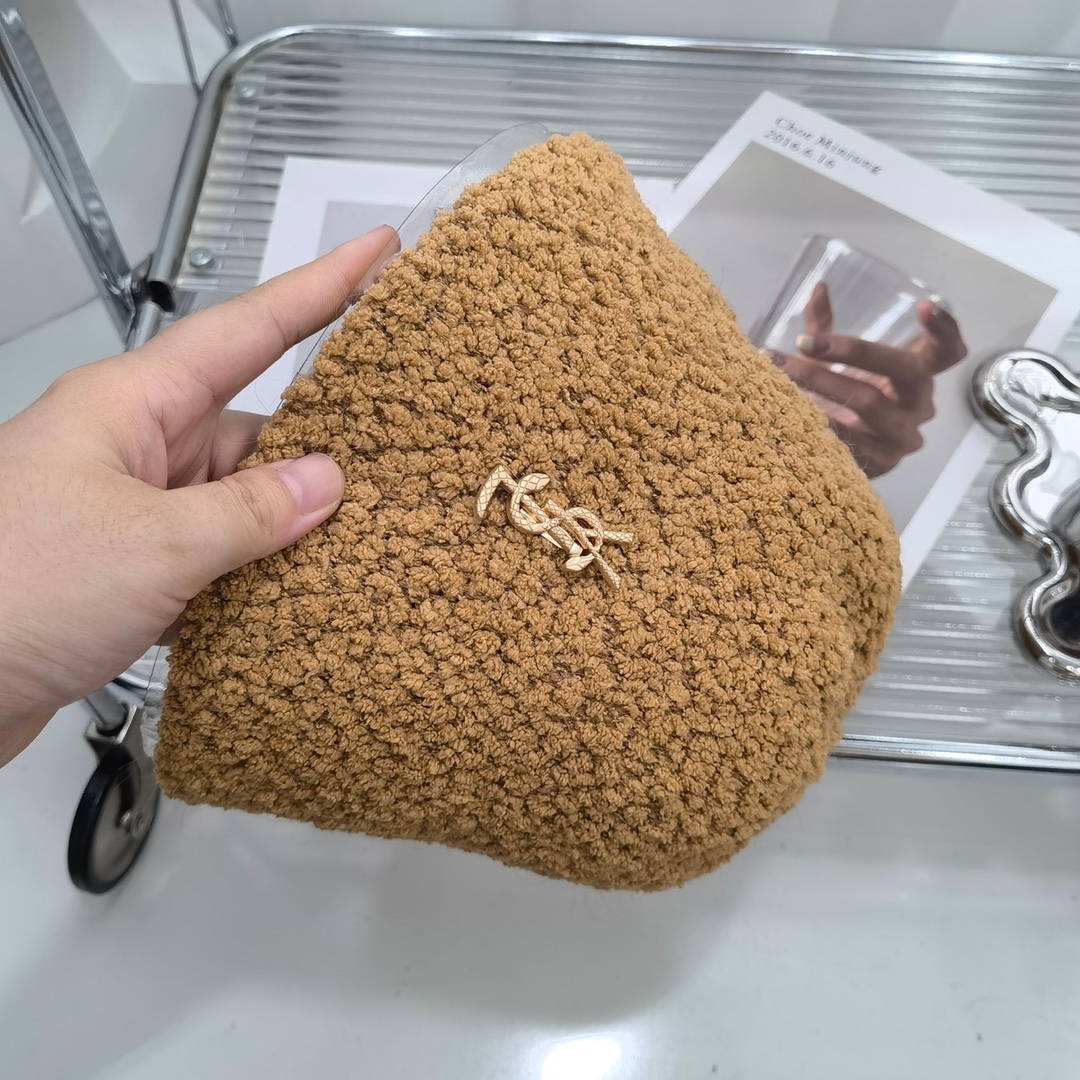 YSL FAUX FUR SHEARLING LAMBSKIN BUCKET HAT BROWN