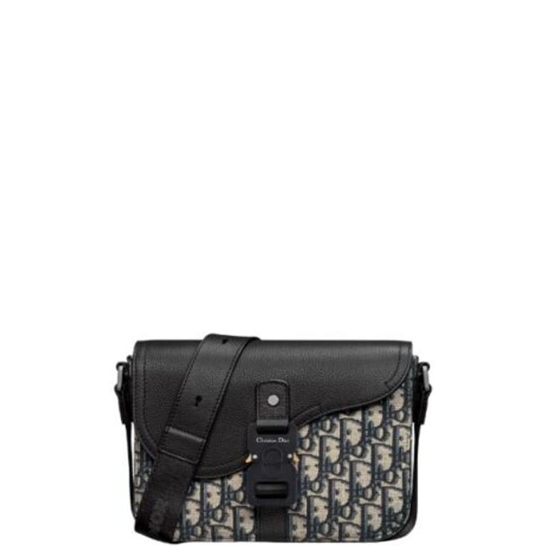 DIR MINI SADDLE BAG WITH STRAP BEIGE AND BLACK CD OBLIQUE JACQUARD AND BLACK GRAINED CALFSKIN 23CM