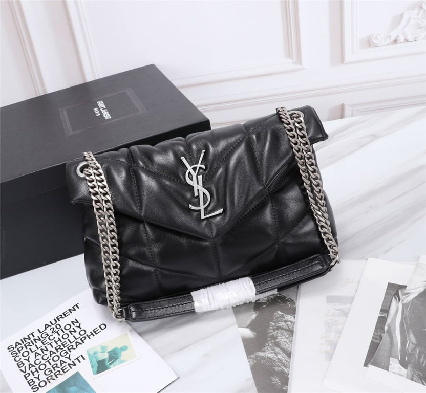 SAINT LAURENT PUFFER SMALL CHAIN BAG IN QUILTED LAMBSKIN BLACK SILVER