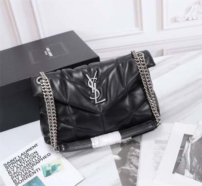 SAINT LAURENT PUFFER SMALL CHAIN BAG IN QUILTED LAMBSKIN BLACK SILVER