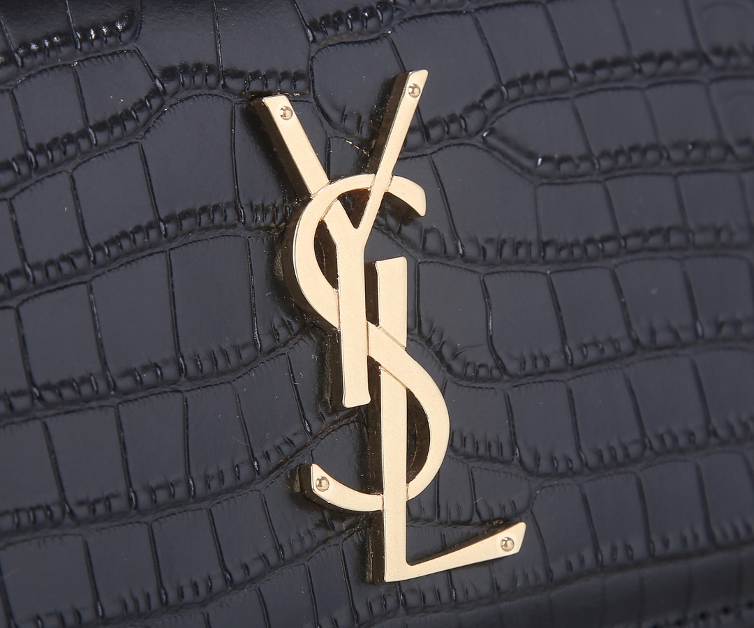 YSL SUNSET MEDIUM CHAIN GAB IN CROCODILE EMBOSSED SHINY BLACK GOLD 22CM 442906DND0J1000