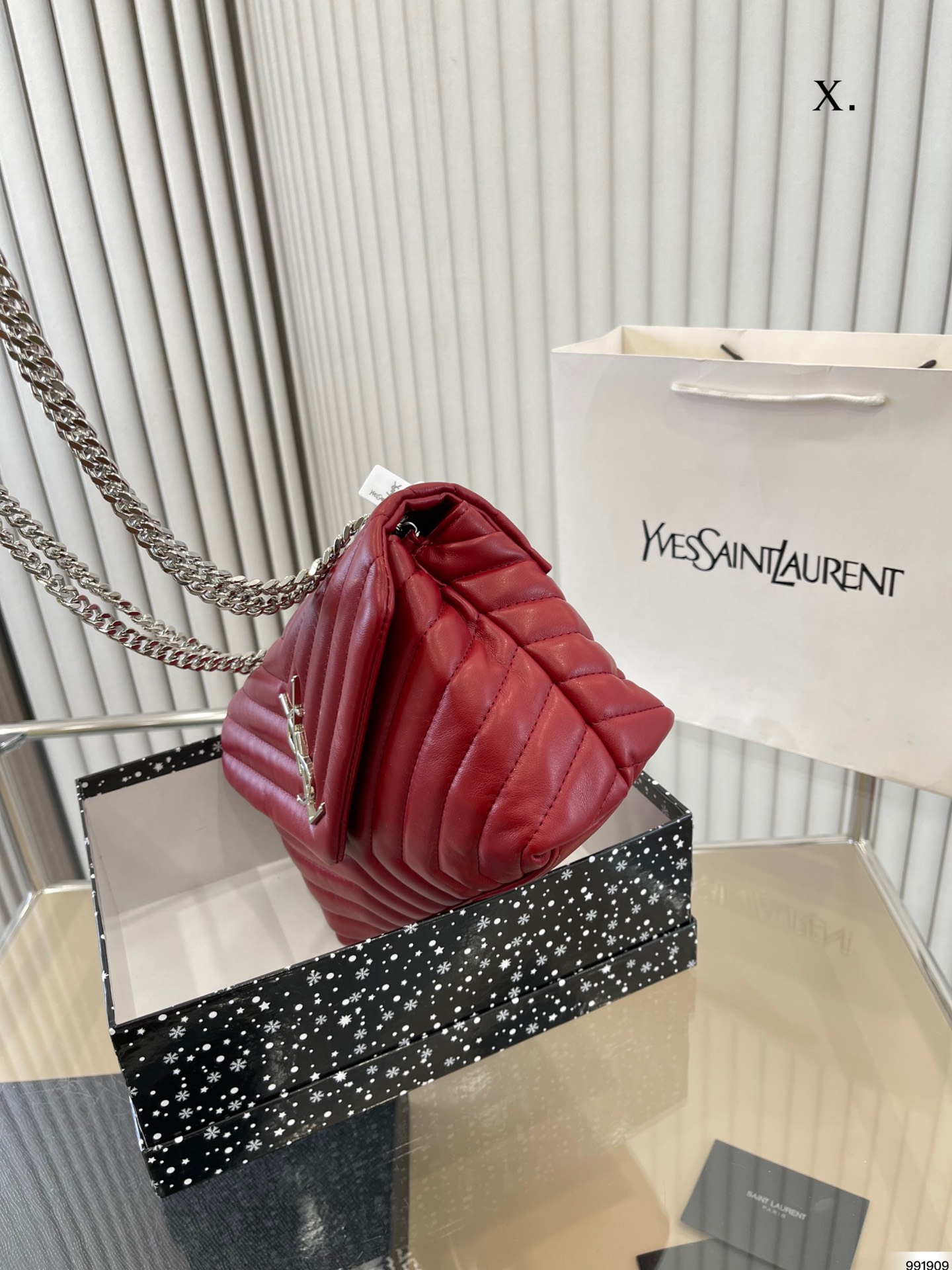 YSL LOULOU SMALL CHAIN BAG IN QUILTED "Y" LEATHER WINE RED