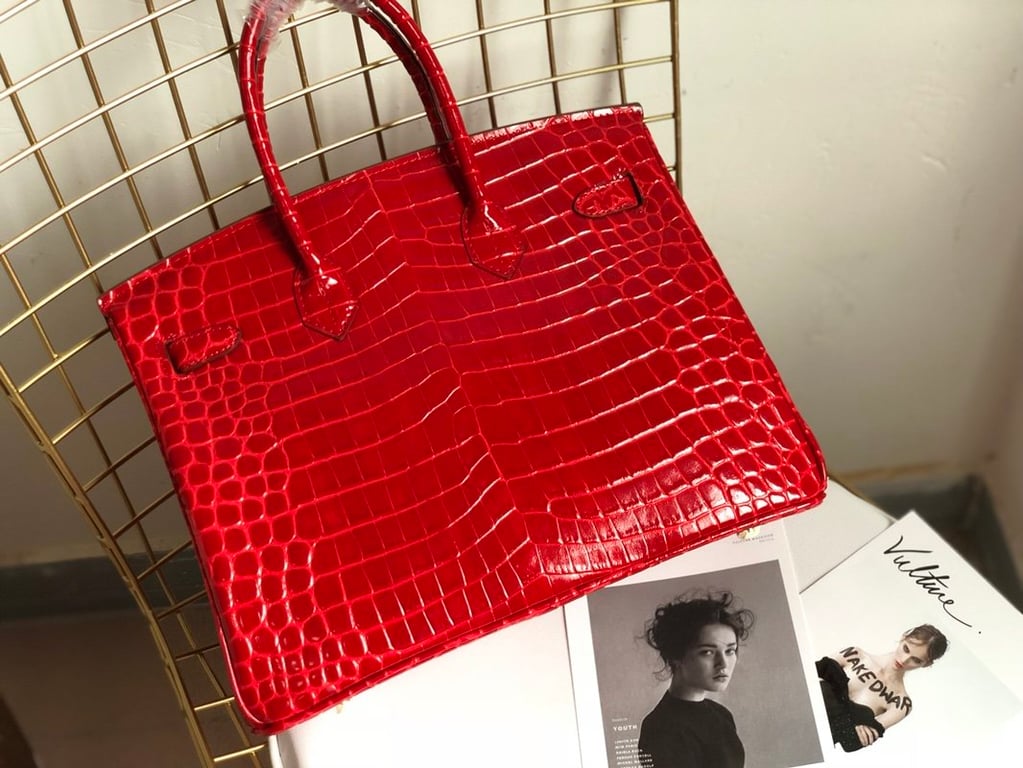 HM A SHINY SANGUINE POROSUS CROCODILE BIRKIN 30 WITH GOLD HARDWARE RED 30CM