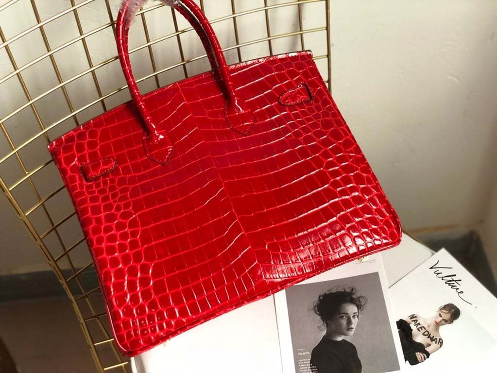 HM A SHINY SANGUINE POROSUS CROCODILE BIRKIN 30 WITH GOLD HARDWARE RED 30CM