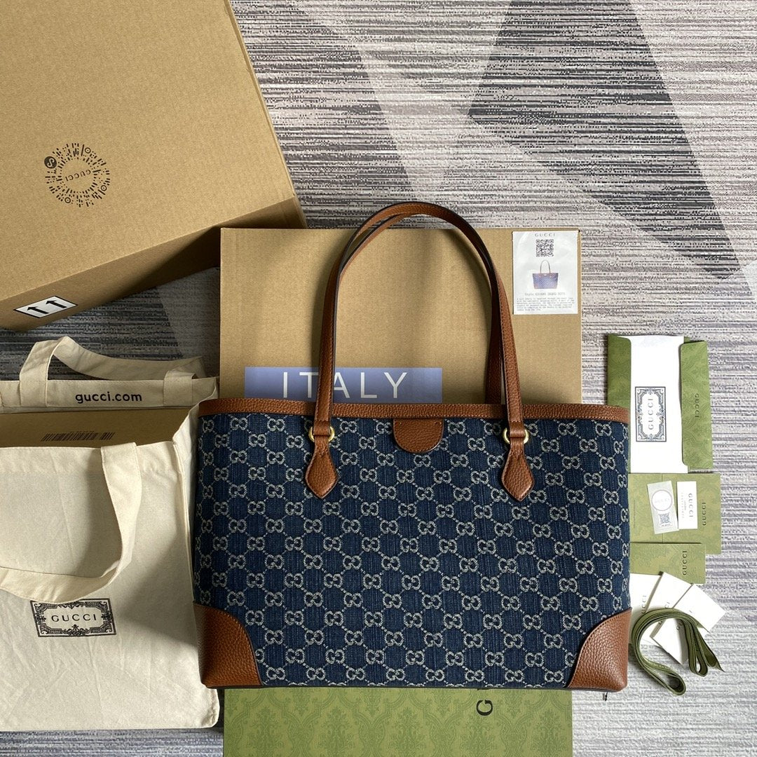 gg Ophidia gg Medium Tote Dark Blue And Ivory Eco Washed Organic gg Jacquard Denim  For Women 15in/38cm gg ‎631685 2KQgg 8375