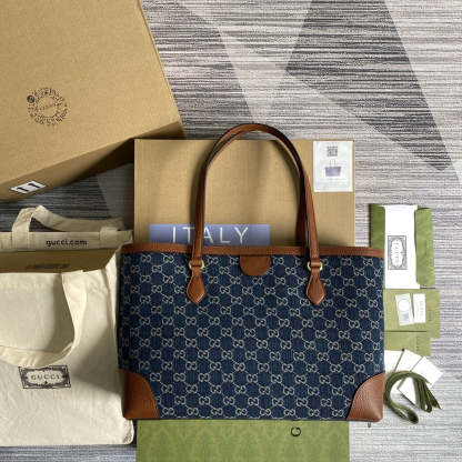 gg Ophidia gg Medium Tote Dark Blue And Ivory Eco Washed Organic gg Jacquard Denim  For Women 15in/38cm gg ‎631685 2KQgg 8375