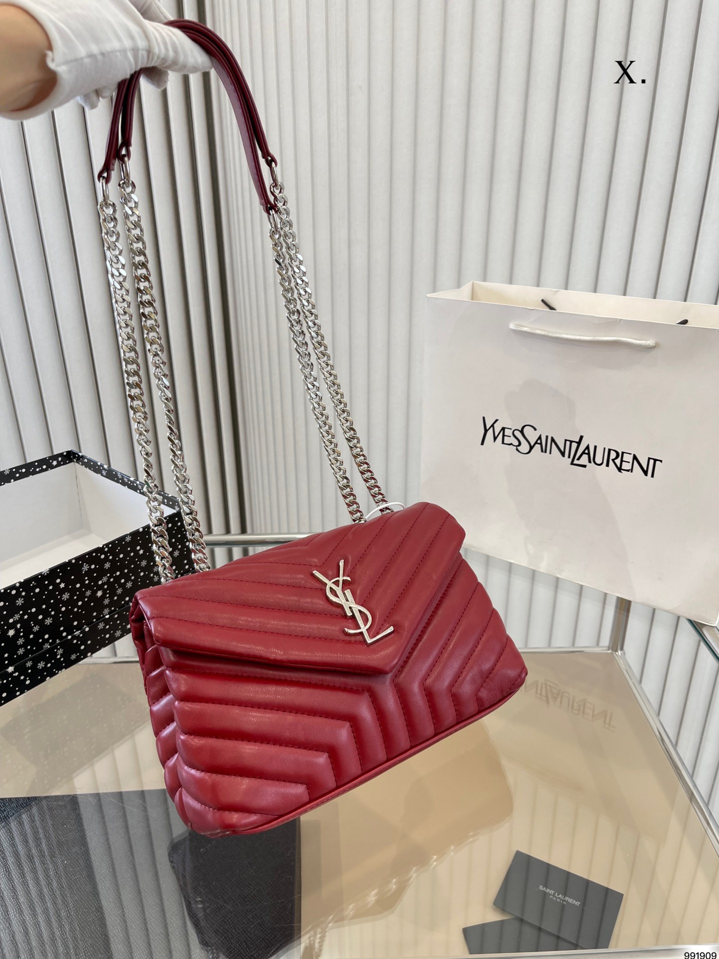 YSL LOULOU SMALL CHAIN BAG IN QUILTED "Y" LEATHER WINE RED