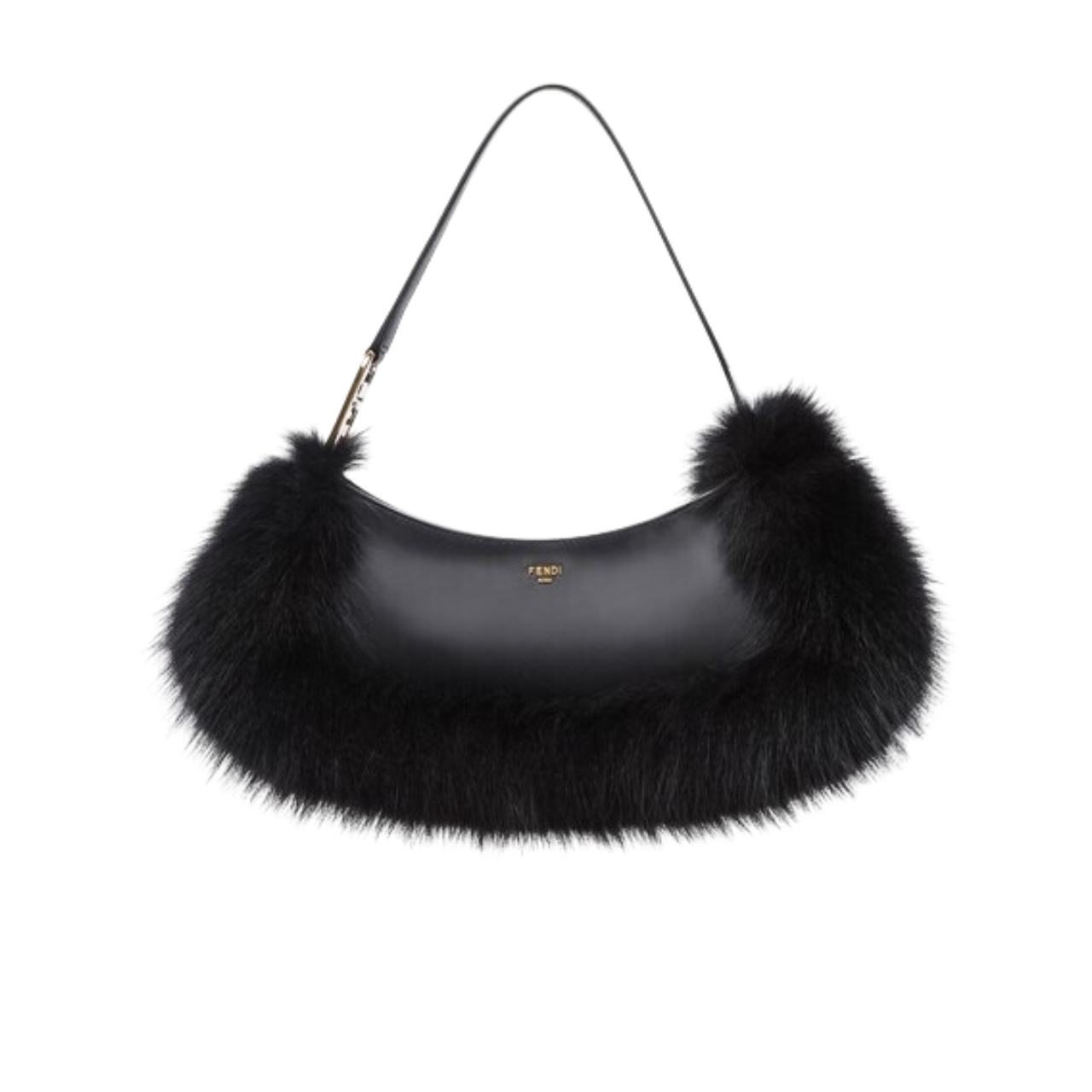 FD O'LOCK SWING CAMELLIA LEATHER AND FOX FUR POUCH BLACK 8BS068ALS9F1JU3