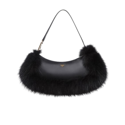 FD O'LOCK SWING CAMELLIA LEATHER AND FOX FUR POUCH BLACK 8BS068ALS9F1JU3
