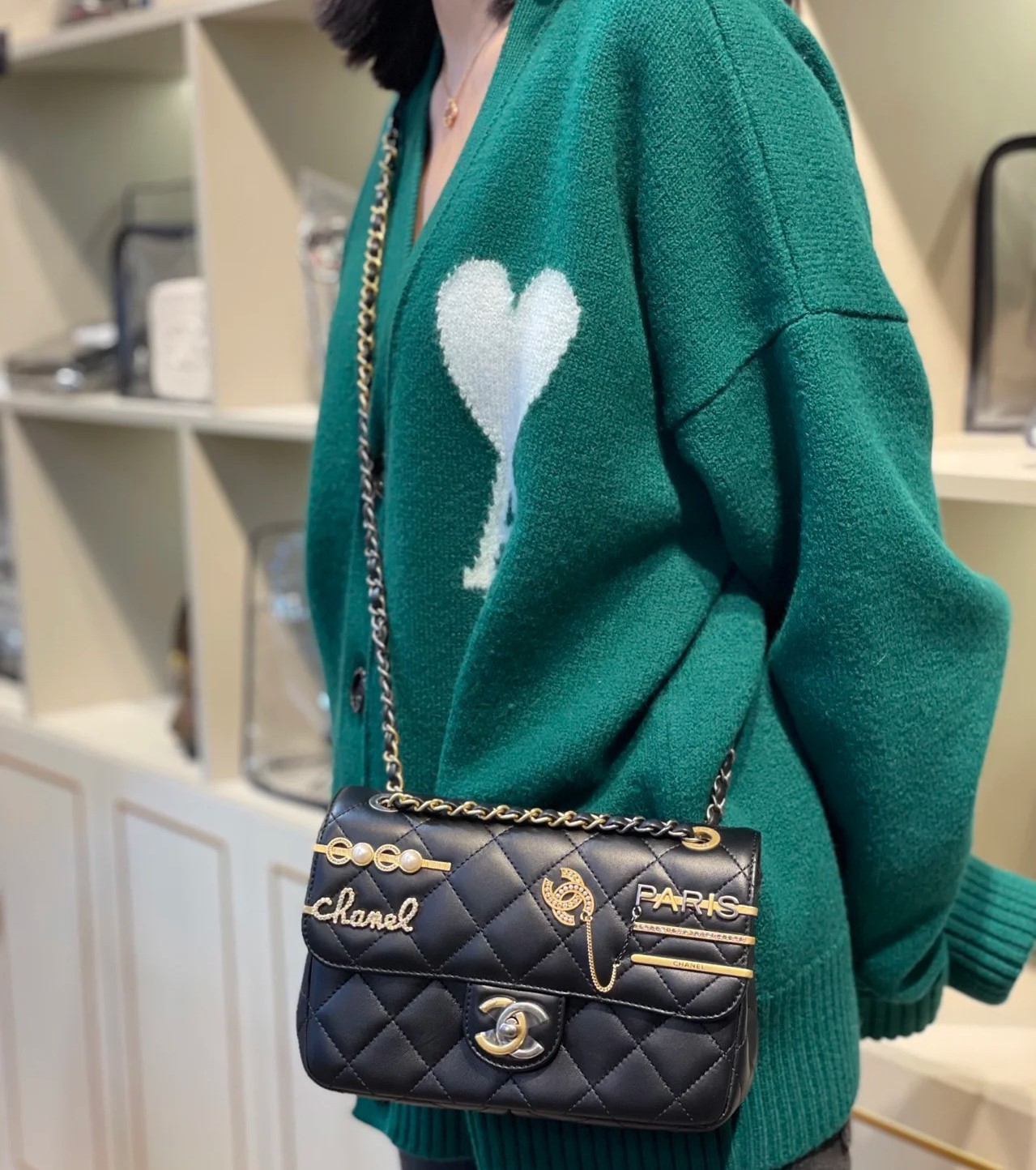 CC QUILTED LAMBSKIN MINI COCO CLIPS FLAP GOLD AND RUTHENIUM HARDWARE BLACK 20CM