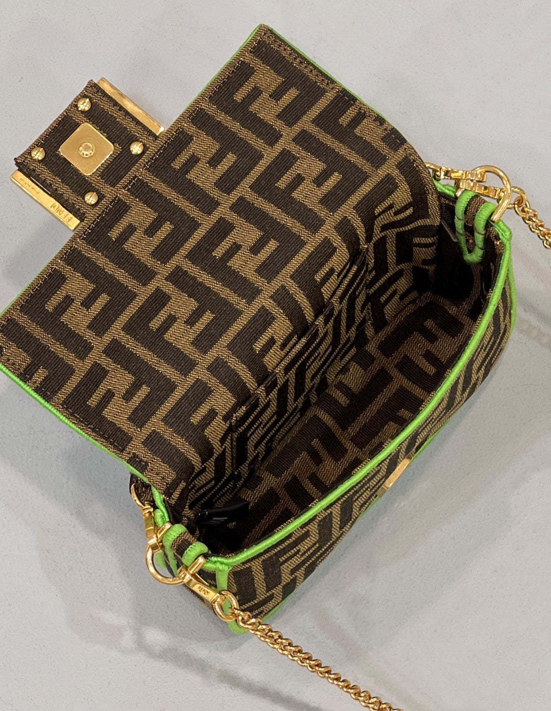 FI Baguette Small Brown Fabric Green Border Bag For Woman 18cm/7in