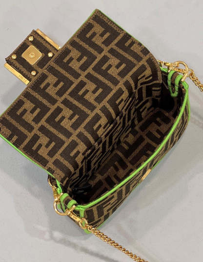 FI Baguette Small Brown Fabric Green Border Bag For Woman 18cm/7in