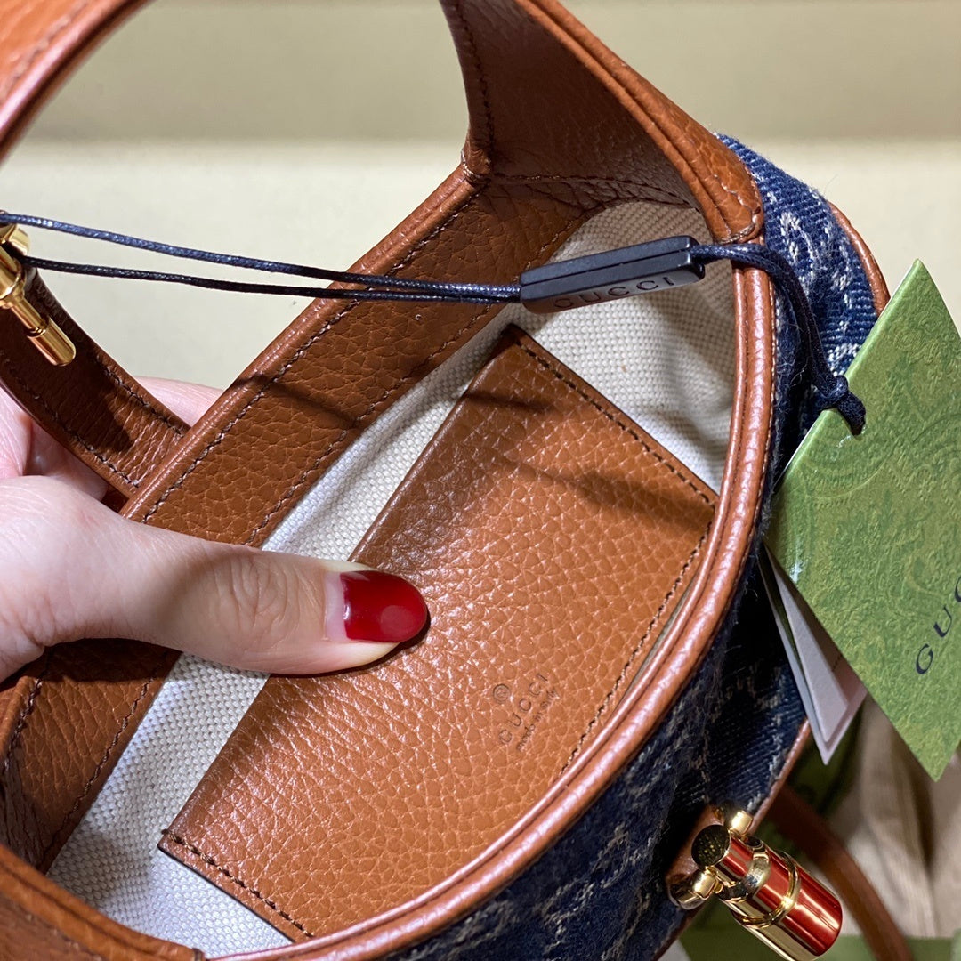 gg Jackie 1961 Mini Shoulder Bag Dark Blue And Ivory Eco Washed Organic gg Jacquard Denim For Women 7.5in/19cm gg 637092 2KQgg 8375