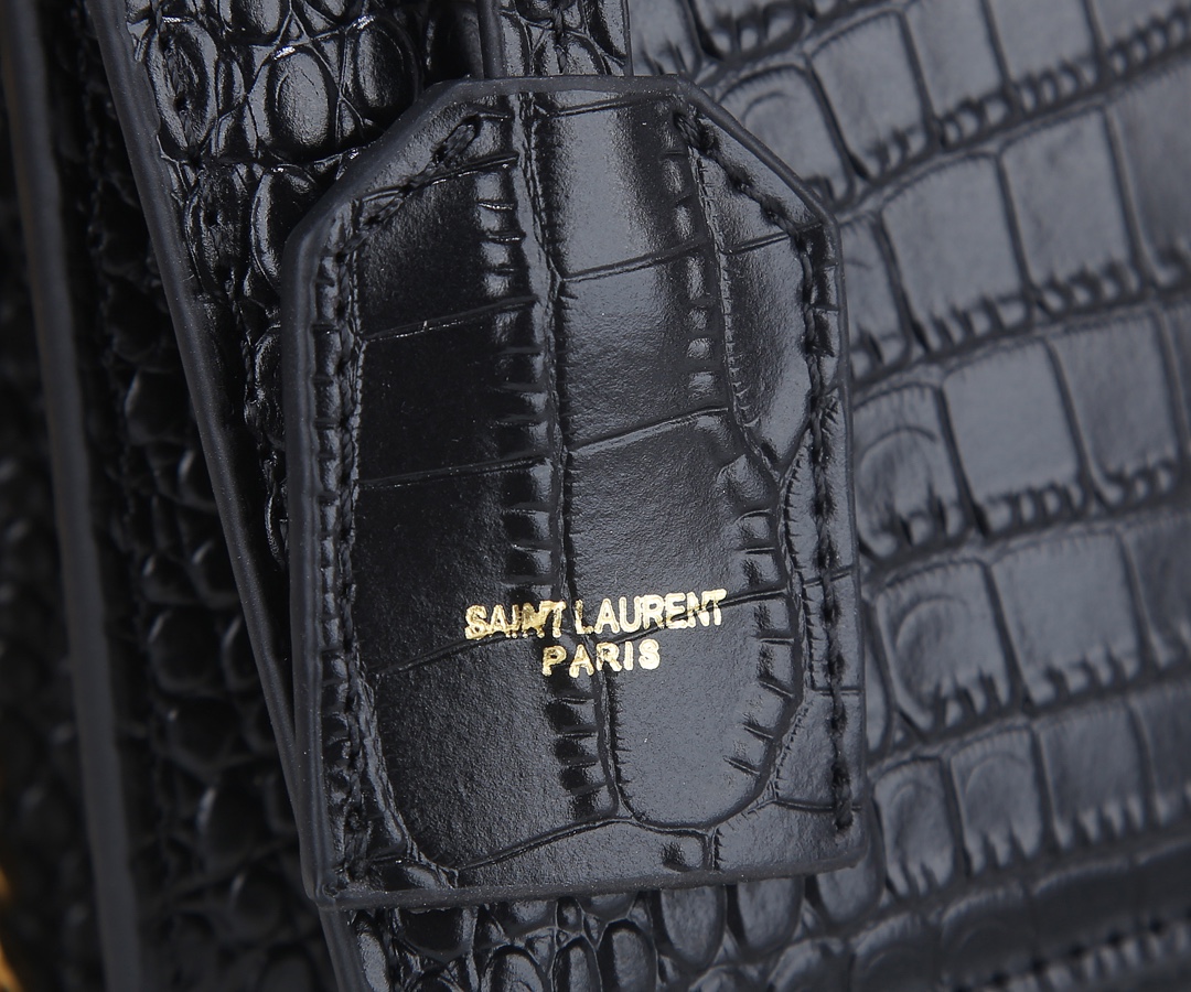 YSL SUNSET MEDIUM CHAIN GAB IN CROCODILE EMBOSSED SHINY BLACK GOLD 22CM 442906DND0J1000