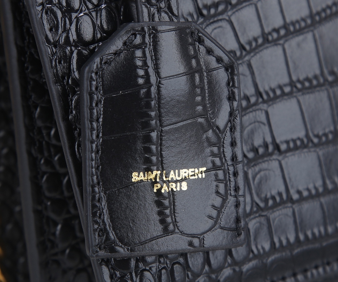 YSL SUNSET MEDIUM CHAIN GAB IN CROCODILE EMBOSSED SHINY BLACK GOLD 22CM 442906DND0J1000