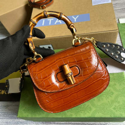 gg Bamboo 1947 Crocodile Mini Top Handle Bag Red For Women, Women’s Bags 6.7in/17cm gg