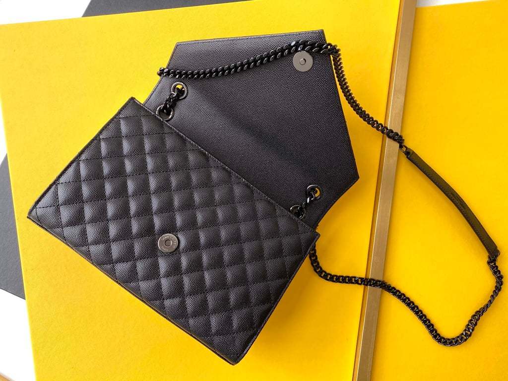 SAINT LAURENT ENVELOPE MEDIUM CHAIN BAG IN MIX MATELASSE GRAIN DE POUDRE EMBOSSED BLACK NOIR 24CM
