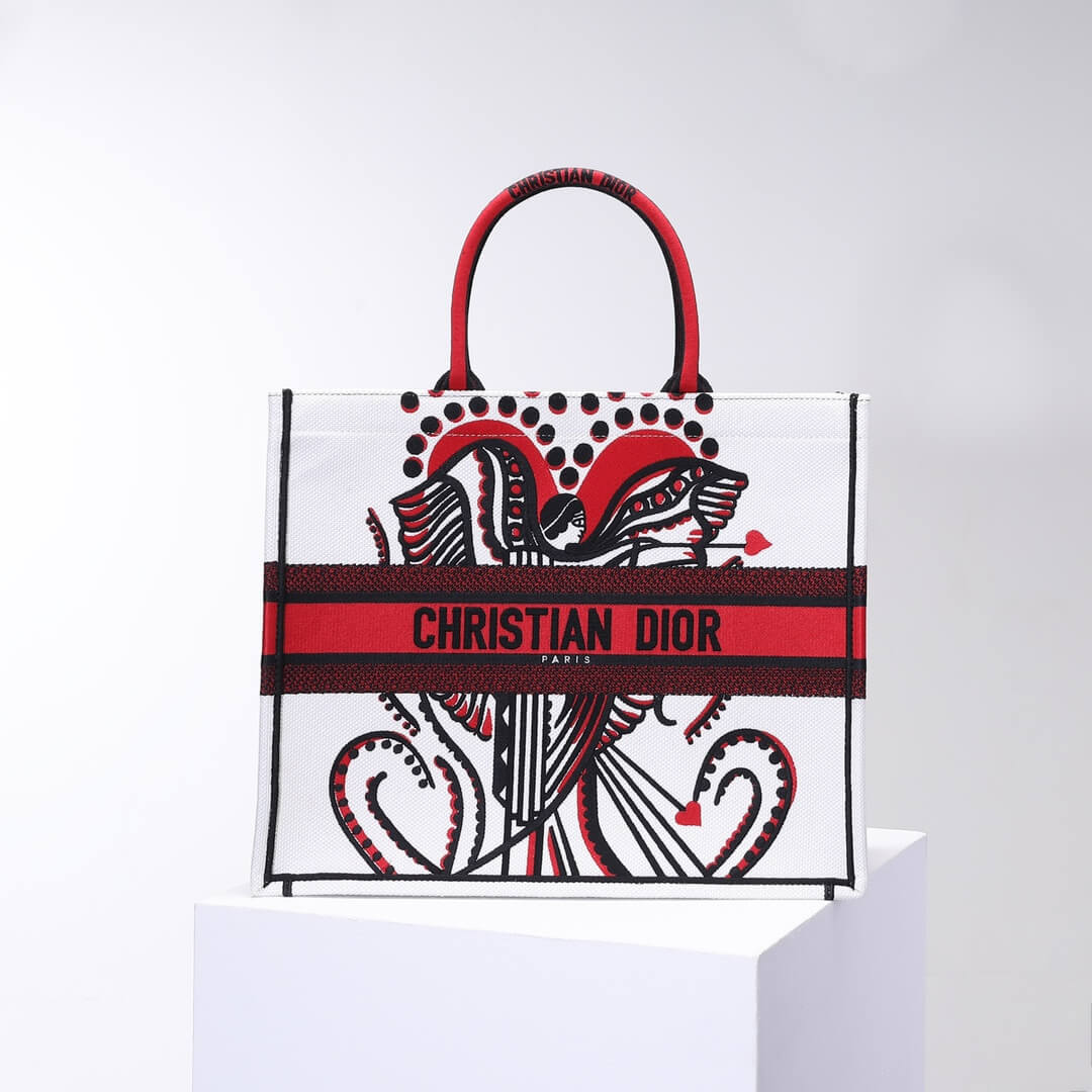 DO1286 Book Tote big size 36.5cm 41.5cm Oblique Embroidery white red
