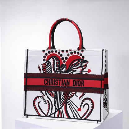 DO1286 Book Tote big size 36.5cm 41.5cm Oblique Embroidery white red