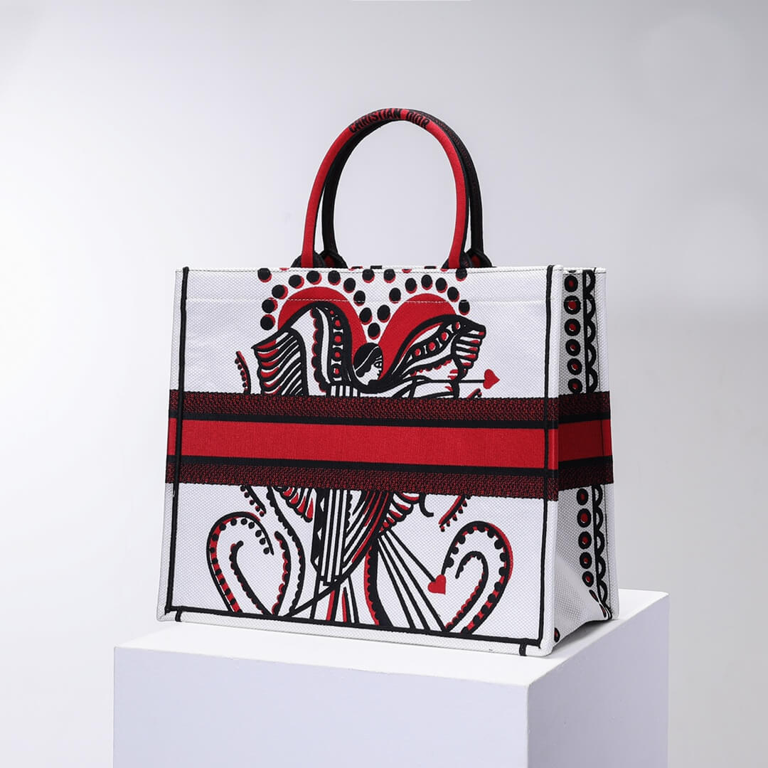 DO1286 Book Tote big size 36.5cm 41.5cm Oblique Embroidery white red