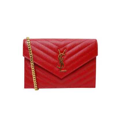 YSL CASSANDRE MATELASSÉ ENVELOPE CHAIN WALLET IN GRAIN DE POUDRE EMBOSSED LEATHER OPYUM RED 695108BOW016008